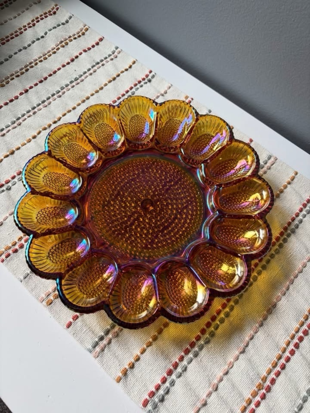 Vintage Indiana Glass Hobnail Carnival Amber Iridescent Deviled Egg Plate
